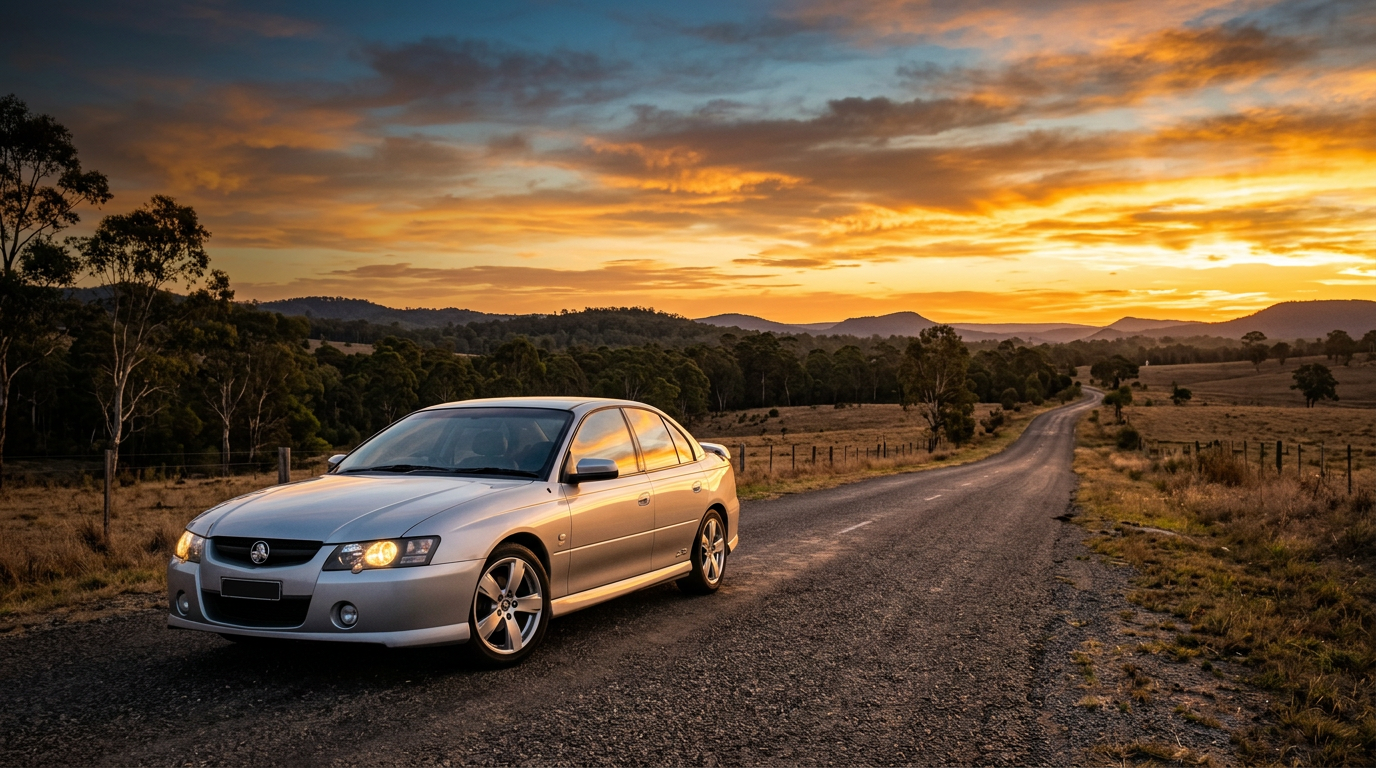 A 2005 Holden Commodore sedan on an Australian road at sunset