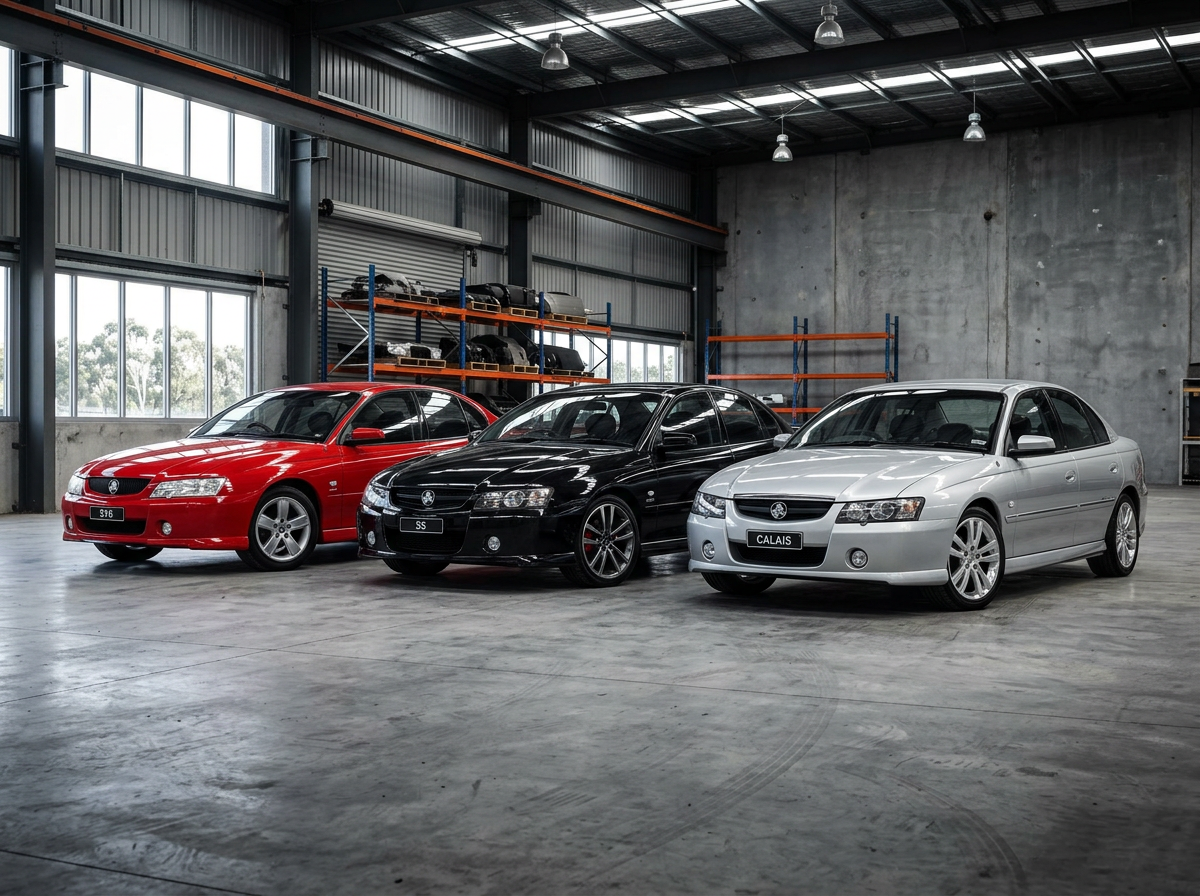 Lineup of 2005 Holden Commodore variants parked side by side