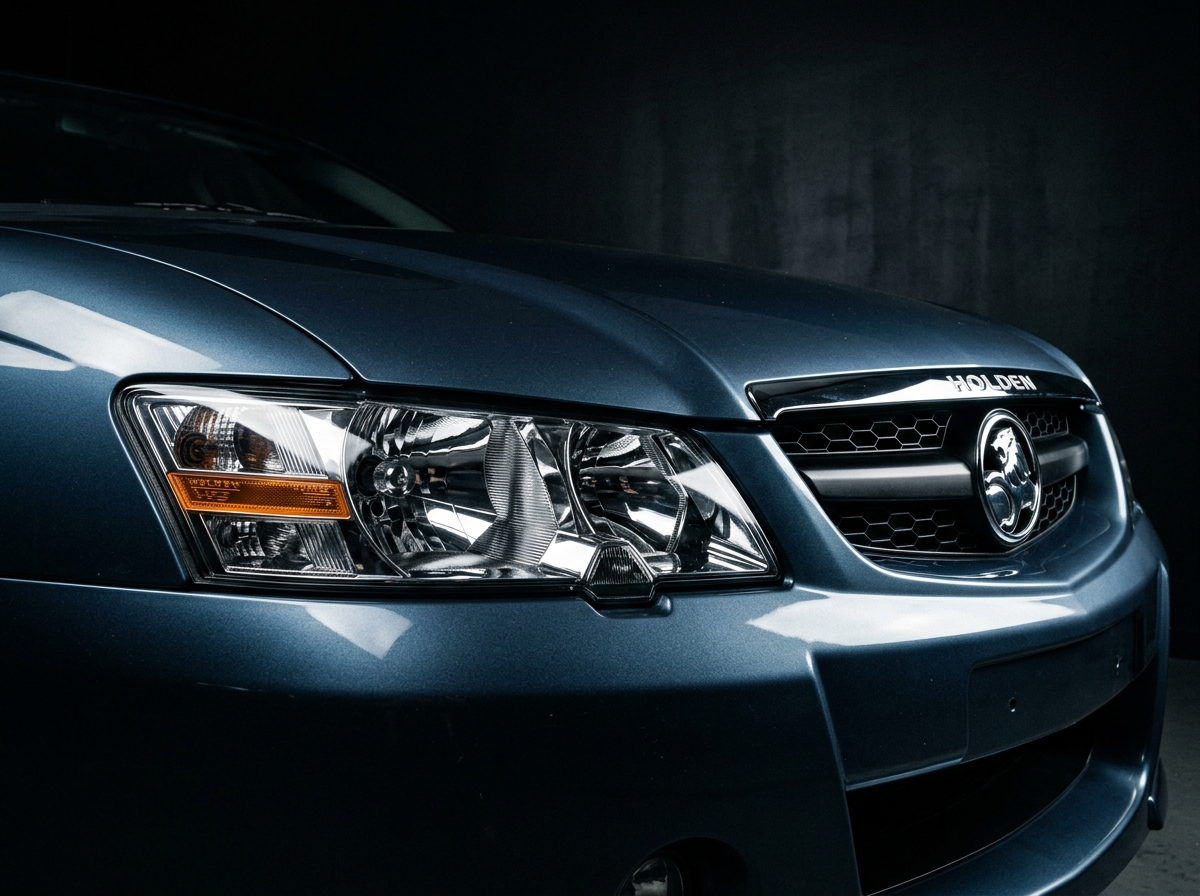 Detail view of a 2005 Holden Commodore front headlamp and grille